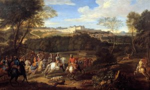König Ludwig XIV. (1638-1715) und der Hof bei der Jagd in Sichtweite des Schlosses von Meudon. Gemälde der Schule von Adam Frans Van der Meulen (1632-1690) 17. Jahrhundert