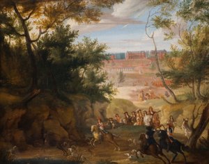 Ansicht von Versailles mit Ludwig XIV. und Jägern, 1700 von Adam Frans van der Meulen