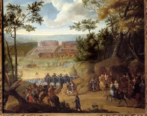 Ansicht von Versailles im Jahr 1664 mit dem König von Frankreich Ludwig XIV. (1638-1715) und einer Kompanie Musketiere von Adam Frans van der Meulen