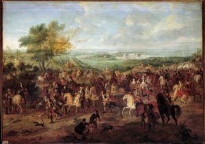 Kutschfahrt von König Ludwig XIV., Königin Marie Therese von Österreich, Dauphin Louis und Dauphine vor dem Schloss von Clagny in Versailles