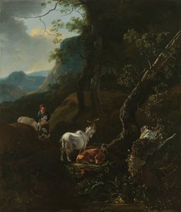 Eine Schäferin mit Tieren in einer bergigen Landschaft