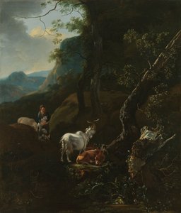 Eine Schäferin mit Tieren in einer bergigen Landschaft