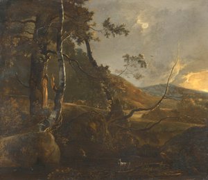 Waldlandschaft mit einem Hirten auf einem Pfad und einer einsamen Ziege von Adam Pynacker