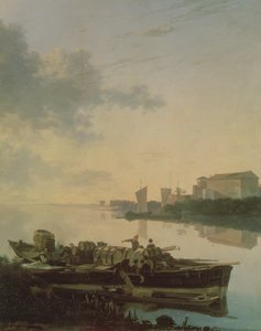 Ein Holzschiff auf dem Fluss bei Sonnenuntergang von Adam Pynacker