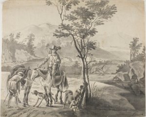 Reiter und Hunde in felsiger Landschaft