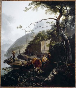 Segelboot am Strand eines Sees, ca. 1660