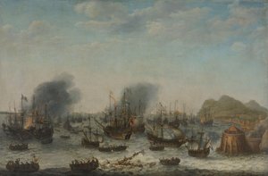 Die Niederlage der Spanier bei Gibraltar durch eine niederländische Flotte unter dem Kommando von Admiral Jacob van Heemskerck, 25. April 1607 von Adam Willaerts (signed by artist)