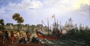 Ein niederländisches Kriegsgeschwader greift eine spanische Kolonialfestung an, verteidigt von Booten von Adam Willaerts