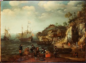 Küstenszene mit Fischern und Jägern am Ufer, 1626
