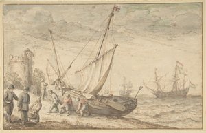 Fischerleute ziehen ihr Boot an Land, o.D.