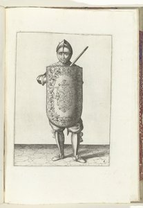Die Übung mit dem Targe und Rapier: der Soldat hält den Targe vor die Brust und das gezogene Rapier an die linke Schulter (Nr. 6), 1618 von Adam van Breen