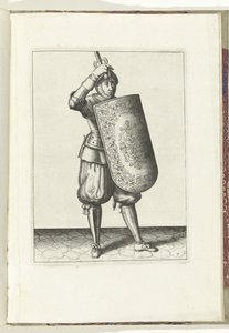 De exercitie met de targe en rapier: hoe de soldaat het vizier van zijn helm moet sluiten met de targe en de getrokken rapier in de hand (nr. 7), 1618