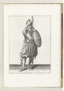 Die Übung mit Schild und Speer: Der Soldat bringt den Speer in drei Zeiten zurück in die Ruheposition, zweite Bewegung (Nr. 11), 1618 von Adam van Breen