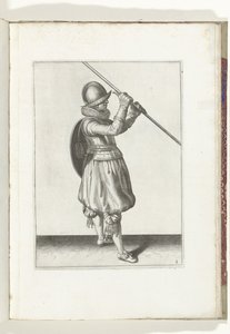 Die Übung mit Schild und Speer: der Soldat mit dem Speer schräg in beiden Händen und dem Schild auf dem Rücken (Nr. 2), 1618