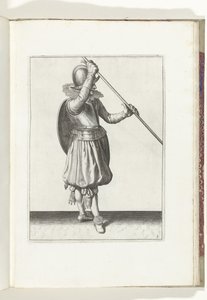 Die Übung mit Schild und Spieß: der Soldat mit dem Spieß schräg in beiden Händen mit der rechten Hand am Kopf und dem Schild auf dem Rücken (Nr. 3), 1618