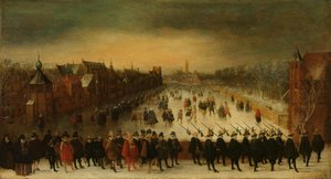 Der Vijverberg, Den Haag, im Winter, mit Prinz Maurits und seinem Gefolge im Vordergrund
