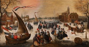 Winterlandschaft mit eleganten Schlittschuhläufern auf einem zugefrorenen See, Eisbrechern und einer Stadt in der Ferne