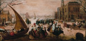 Winterlandschaft mit zahlreichen elegant gekleideten Figuren, die auf einem zugefrorenen Fluss Schlittschuh laufen, mit einer Eisyacht