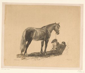 Stehendes Pferd mit zwei am Boden sitzenden Männern