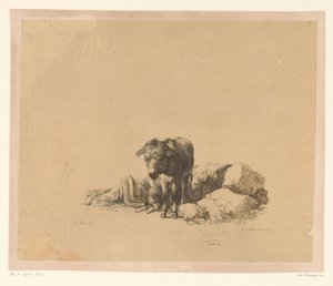 Stehender Esel vor einem liegenden Hund und einem schlafenden Mann von Adam von Bartsch