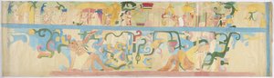 Kopie eines Wandgemäldes von der Südwestwand, Oberer Tempel der Jaguare, Chichen Itza, Mexiko