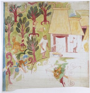 Kopie eines Teils eines Wandgemäldes vom südlichen Endpaneel, Ostwand, innere Kammer, Oberer Tempel der Jaguare, Großer Ballspielplatz, Chichen Itza