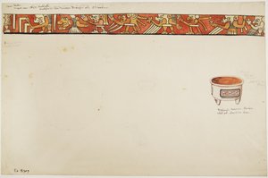 Innere Umrandung einer Dreifußvase (mit grotesken Figuren) und ein weißer Topf mit rechteckigen Designs