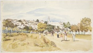 Männer, Frauen und Kinder, die auf einer Straße mit einem Dorf im Hintergrund gehen, Jalapa (Xalapa), Veracruz, Mexiko von Adela Breton