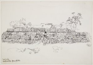 Gemälde eines bemalten Reliefs vom Tempel der gefiederten Schlange Xochicalco, Mexiko (von der Ostseite der unteren Terrasse) von Adela Breton