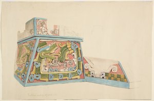 Gemälde eines Steinreliefs aus Xochicalco, Mexiko, Nordende der Westseite der unteren Terrasse
