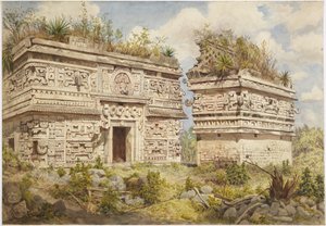 Ruinen in Chichen Itza, Yucatan, Mexiko, zeigt die Ostfassade von Gebäude A und Iglesia von Adela Breton