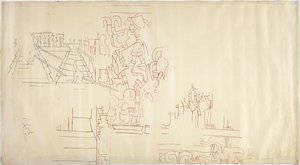 Abzeichnung eines Wandgemäldes aus Casa de Monjas, Chichen Itza, Mexiko, nachgezeichnet und übermalt in schwarzer und roter Tinte
