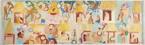 Abzeichnung eines Wandgemäldes von der Südwand, innere Kammer, Oberer Tempel der Jaguare, Großer Ballspielplatz in Chichen Itza, Mexiko (Aquarell & Körperfarbe) von Adela Breton