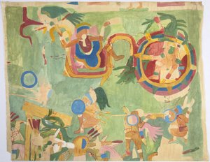 Abzeichnung eines Wandgemäldes aus der inneren Kammer, Oberer Tempel der Jaguare, Südwand, Großer Ballspielplatz, Chichen Itza, Mexiko