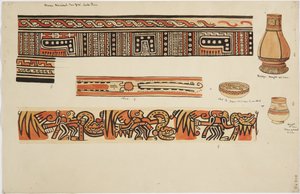 Zwei Krüge (einer mit einem hohen, schmalen Hals) und eine Schale mit Designs von Adela Breton