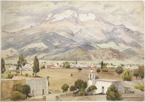 Dorf im Vordergrund und Berge dahinter von Adela Breton