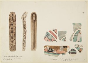 Holz- und Keramikobjekte, alle dekoriert, aus dem Heiligen Cenote, Chichen Itza, Yucatan, Mexiko von Adela Breton