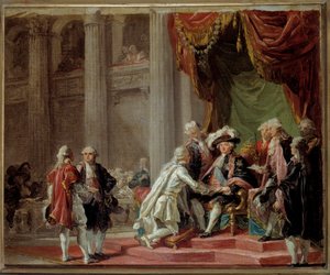 Empfang eines Ritters des Ordens von Saint Lazarus von Jerusalem und Unserer Lieben Frau vom Berge Karmel durch den letzten Großmeister, den Grafen von Provence (zukünftiger König Ludwig XVIII.) (1755-1824) unter Ludwig XVI. Gemälde von Adelaide Labille Gu von Adelaide Labille Guiard