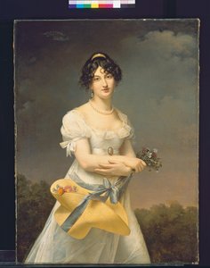 Porträt von Amélie-Justine Laidin de la Bouterie, geb. Pontois, mit einem Hut voller Blumen