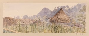 Dorf und Haupthaus des Segu-Stammes oder am Manuk- oder Segur-Fluss aus dem Westindien-, Nordamerika- und Borneo-Sammelalbum von Admiral Sir Edward Gennys Fanshawe