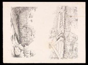 Dorf des Stang-Stammes, Sarawak, Borneo; und eine Brücke aus Stangen über einen Fluss aus dem Westindien-, Nordamerika- und Borneo-Sammelalbum, ca. 1845 von Admiral Sir Edward Gennys Fanshawe