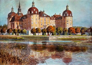 Ansicht des Schlosses Moritzburg. Drucke von Adolphe Nother (19. Jahrhundert) Paris, dekorative Künste von Adolf Noether