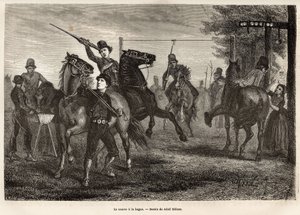 Das Rennen zum Ring in Niewland, die jungen Reiter wetteifern darum, mit einer hölzernen Lanze den Ring vom Gestell zu entfernen, an dem er aufgehängt ist, Pferd wirft Galopp; für die ungeschicktesten ist auch ein Holzlöffel von einem nahegelegenen Schild 