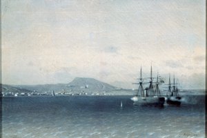 Die türkische Flotte bombardierte die Stadt Feodosiya im Jahr 1878 von Adolf Fessler