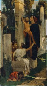 Antike Friedhofsszene (Frau mit Kindern eine Grabstelle schmückend)
