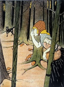 Rotkäppchen. Märchen der Brüder Jacob Grimm (1785-1863) und Wilhelm Grimm (1786-1859). Illustration von Adolf Hofer von Adolf Hofer