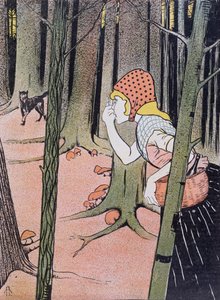 Rotkäppchen sieht den Wolf im Wald, Illustration aus Jugend, veröffentlicht in München 1896 von Adolf Hofer