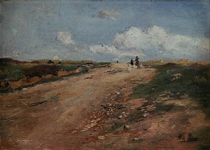 Ländlicher Weg in Schwalm mit einem Mädchen und Gänsen von Adolf Lins