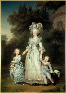Ganzkörperporträt der Königin von Frankreich Marie Antoinette (1754-1793) mit Marie Therese oder Madame Royale (1778-1851) und dem ersten Dauphin Louis Joseph Xavier Francois oder Louis de France (1781-1789) im Garten des Trianon von Adolf Ulrich Wertmuller