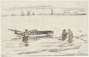 Drei Männer im Wasser ziehen ein Segelboot ans Ufer von Adolf le Comte